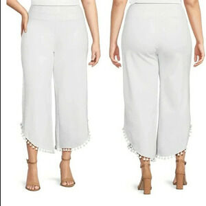 Boho 1X Capri White Cropped Soft Stretch Ponte Knit Pull-On Fringe Slimming New